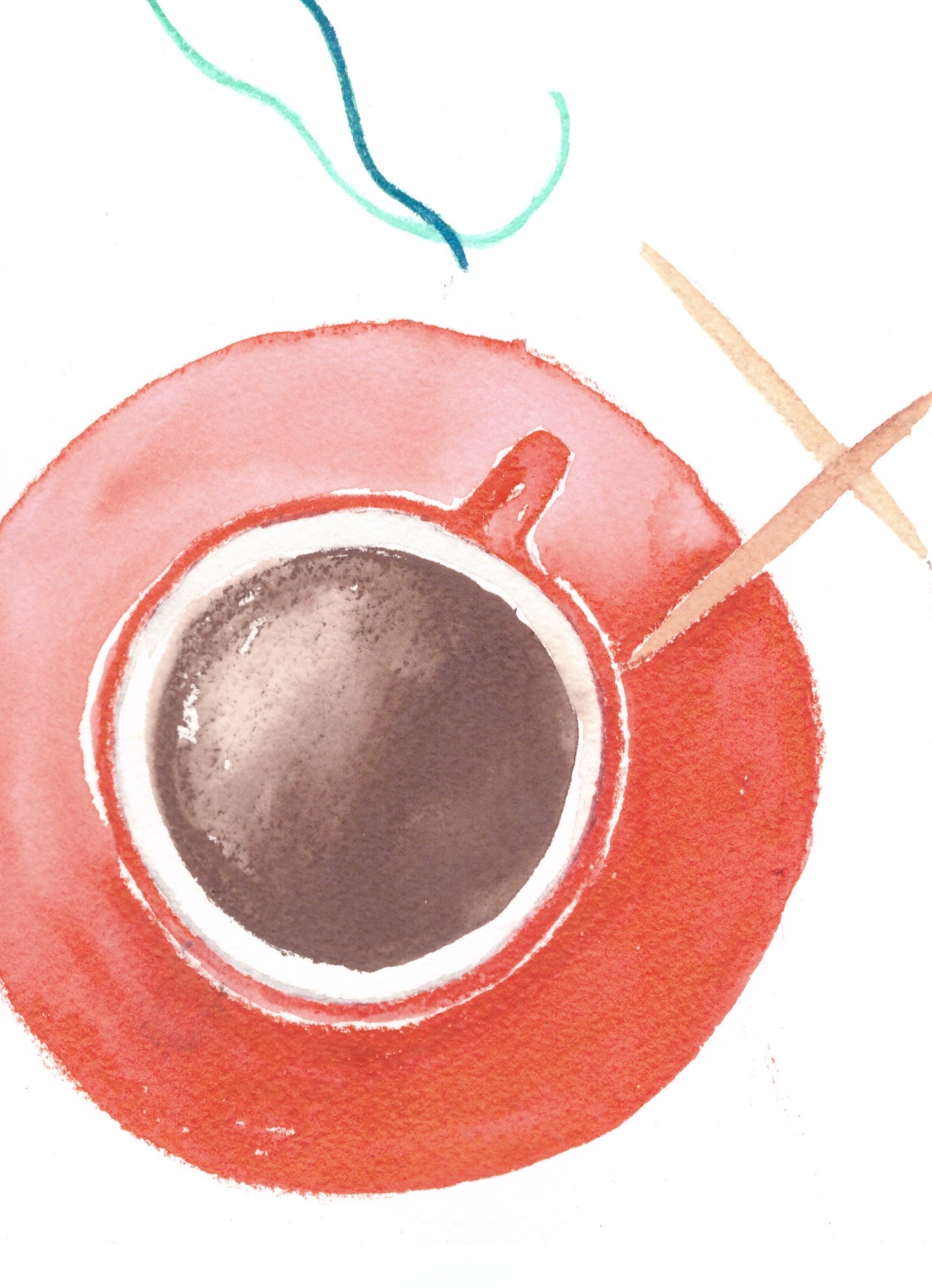 Mein Aquarell: eine rote Kaffeetasse mit Stricknadeln und grünen Fäden.