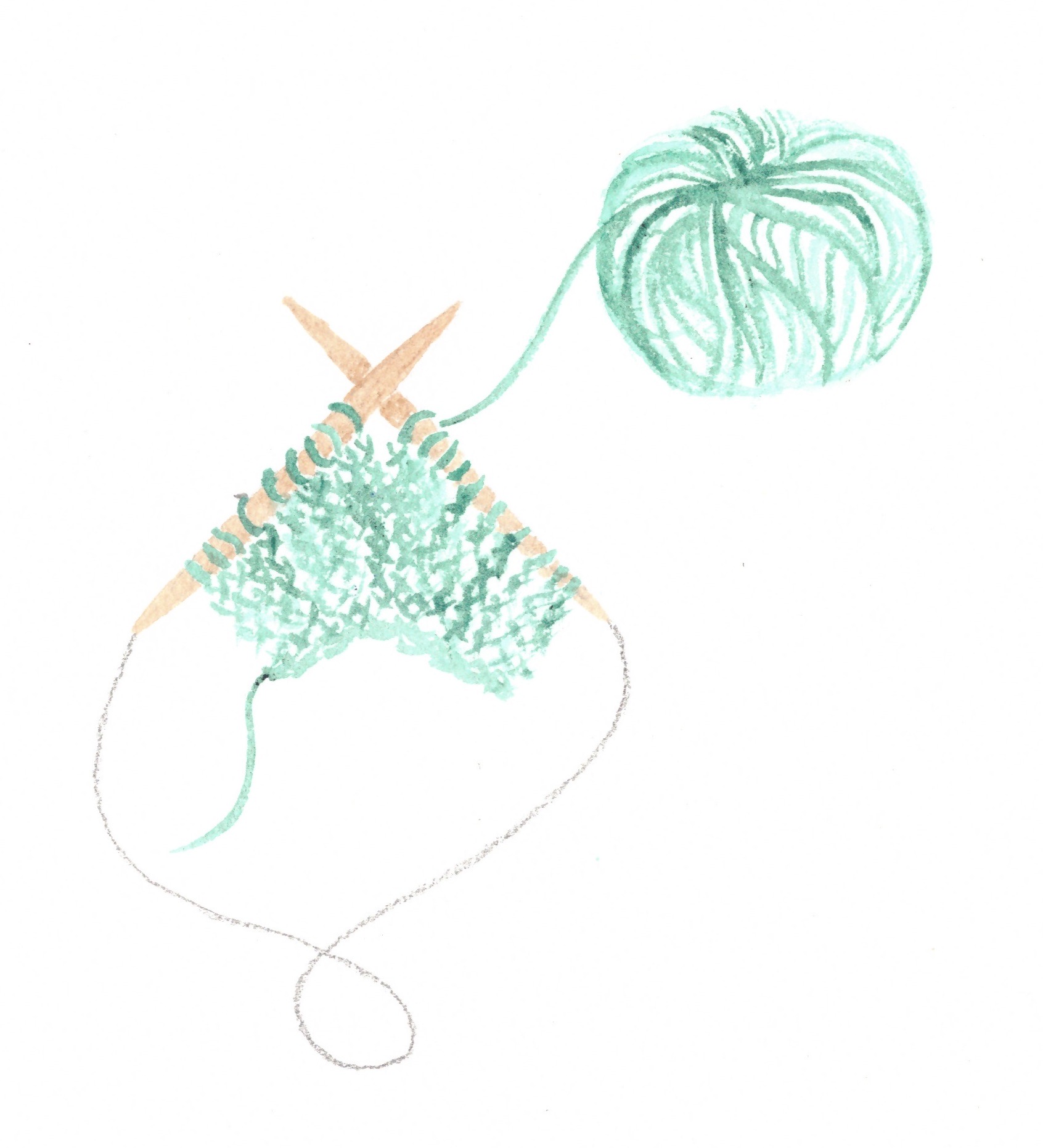 Mein Aquarell: ein grünes Wollknäuel, zwei Stricknadeln und ein begonnenes Strickstück.
