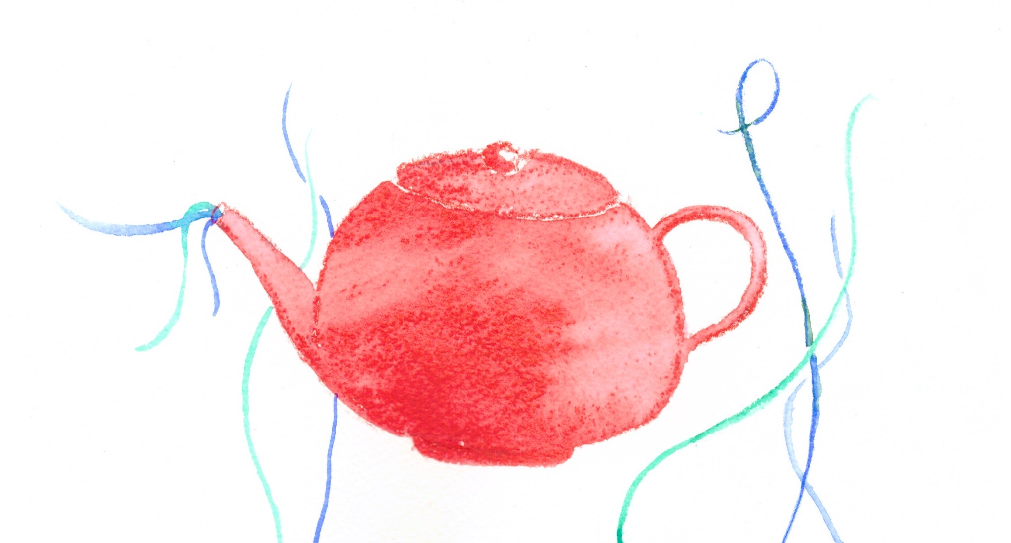 Mein Aquarell: eine rote Teekanne, um die sich grüne und blaue Wollfäden ziehen.